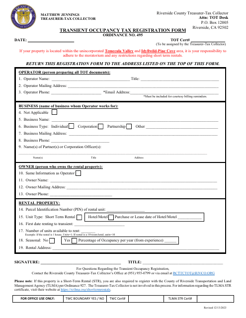 Transient Occupancy Tax Registration Form - Riverside County, California