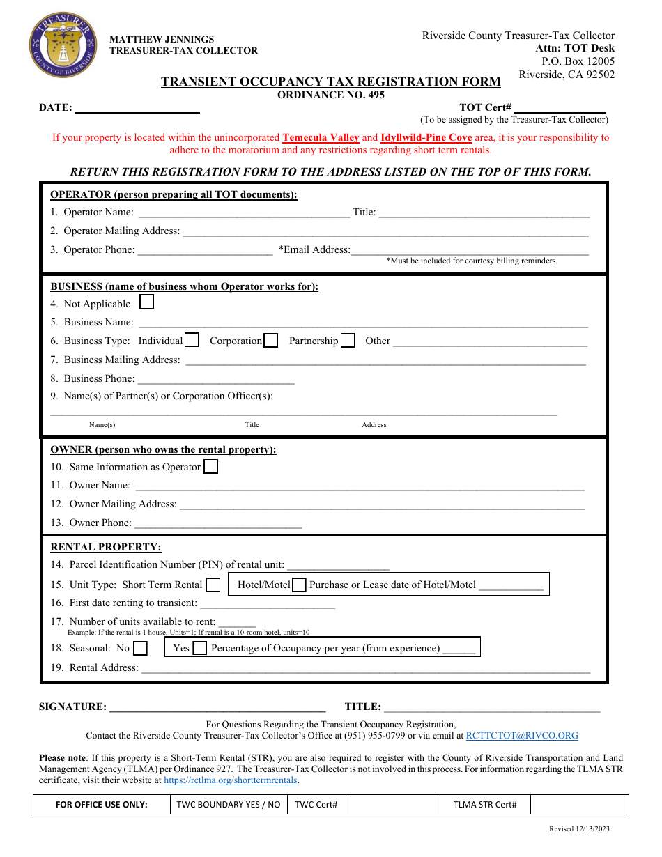 Riverside County California Transient Occupancy Tax Registration Form Download Fillable Pdf 2934