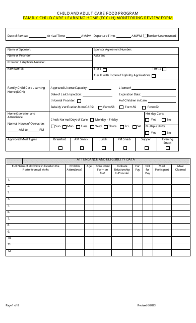 Family Child Care Learning Home (Fcclh) Monitoring Review Form - Child and Adult Care Food Program - Georgia (United States)