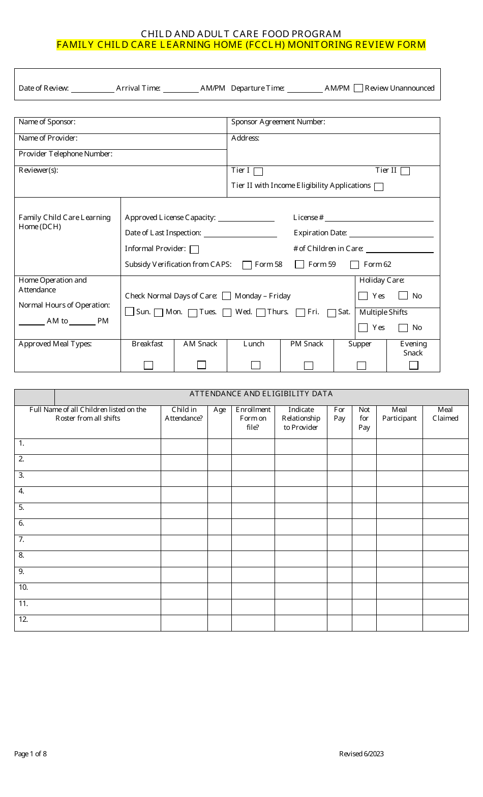 Family Child Care Learning Home (Fcclh) Monitoring Review Form - Child and Adult Care Food Program - Georgia (United States), Page 1