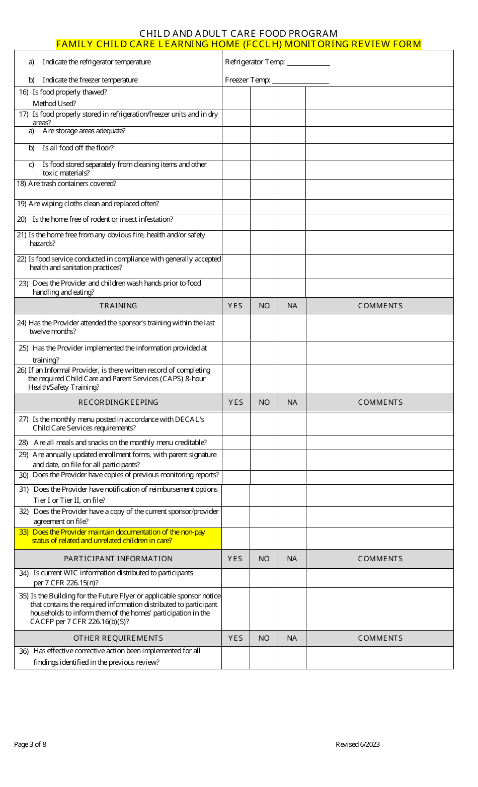 Family Child Care Learning Home (Fcclh) Monitoring Review Form - Child and Adult Care Food Program - Georgia (United States), Page 3