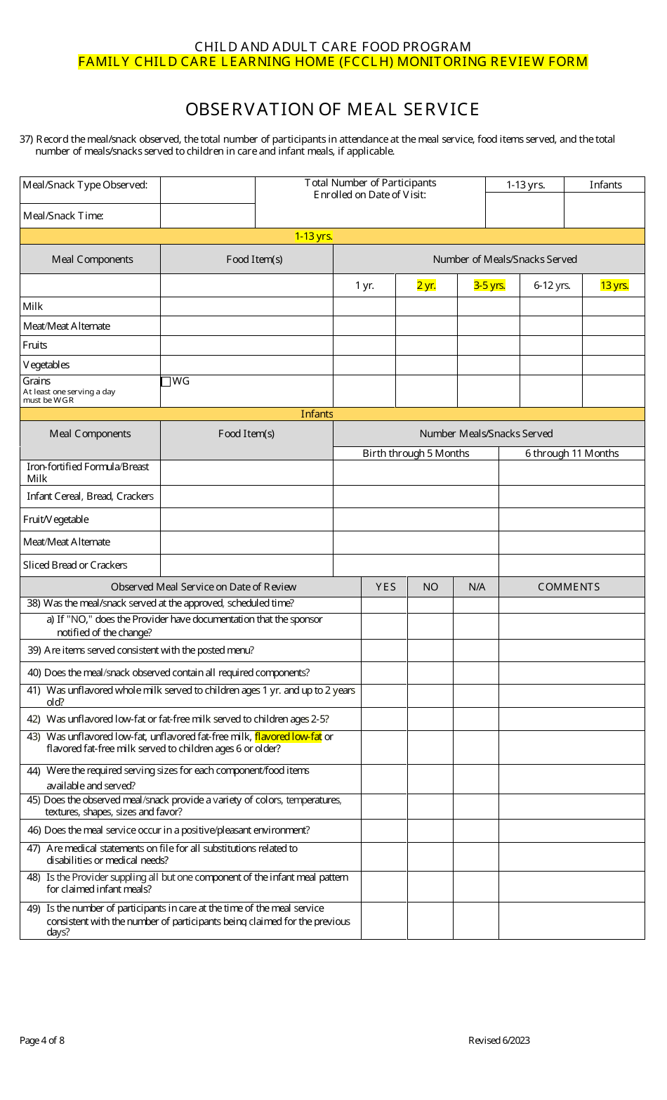 Family Child Care Learning Home (Fcclh) Monitoring Review Form - Child and Adult Care Food Program - Georgia (United States), Page 4