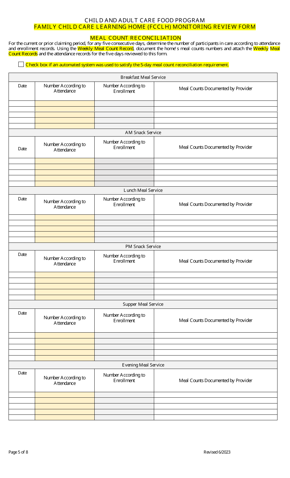 Family Child Care Learning Home (Fcclh) Monitoring Review Form - Child and Adult Care Food Program - Georgia (United States), Page 5