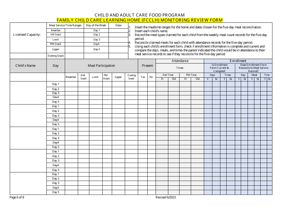 Family Child Care Learning Home (Fcclh) Monitoring Review Form - Child and Adult Care Food Program - Georgia (United States), Page 6