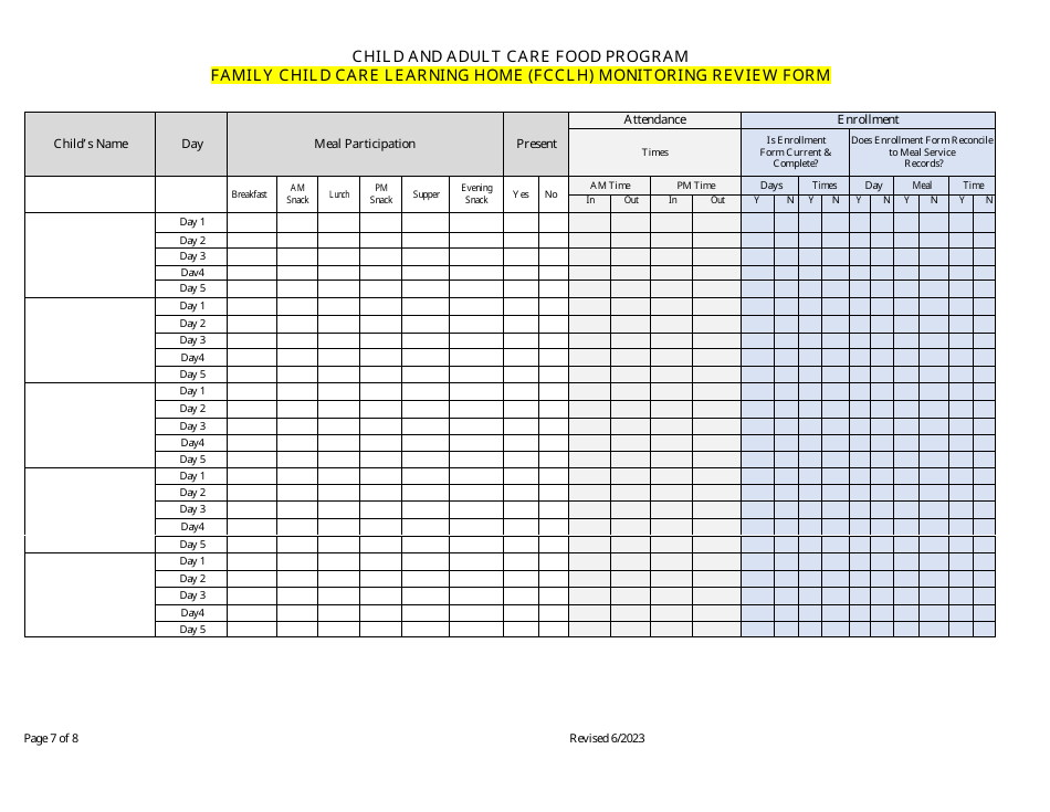 Family Child Care Learning Home (Fcclh) Monitoring Review Form - Child and Adult Care Food Program - Georgia (United States), Page 7