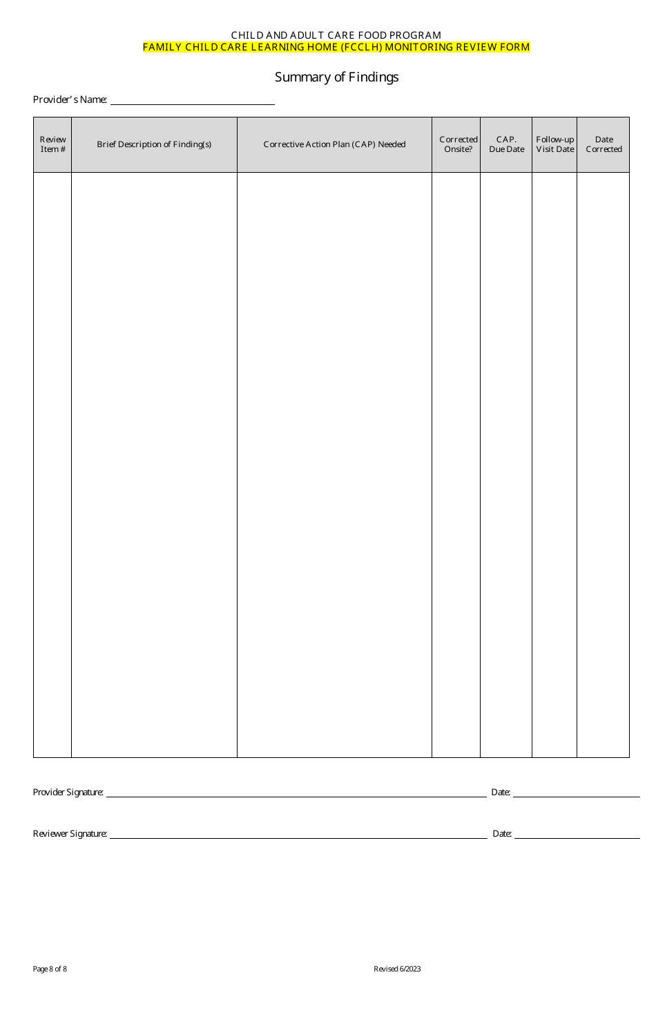Family Child Care Learning Home (Fcclh) Monitoring Review Form - Child and Adult Care Food Program - Georgia (United States), Page 8
