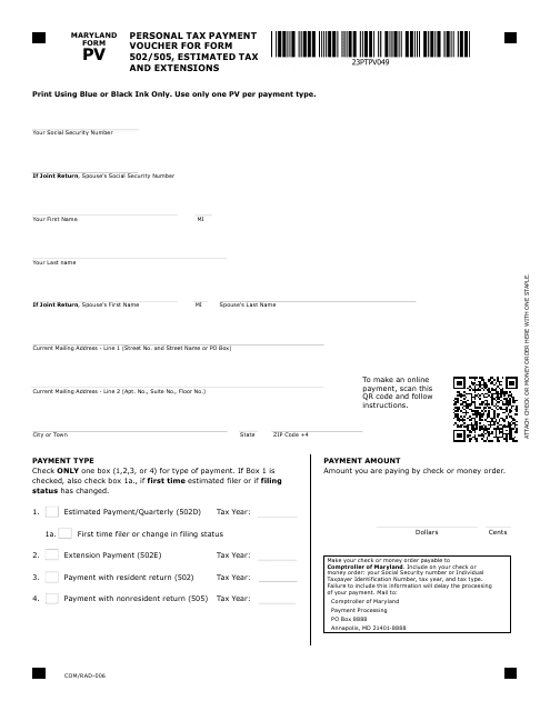 Maryland Form PV (COM/RAD-006) Personal Tax Payment Voucher for Form 502/505, Estimated Tax and Extensions - Maryland