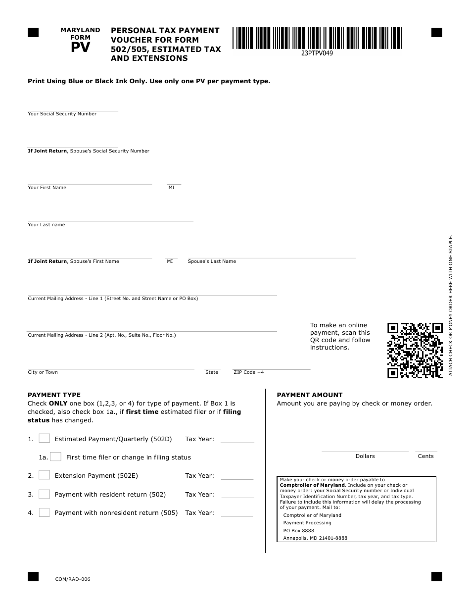 Maryland Form PV (COM / RAD-006) Personal Tax Payment Voucher for Form 502 / 505, Estimated Tax and Extensions - Maryland, Page 1
