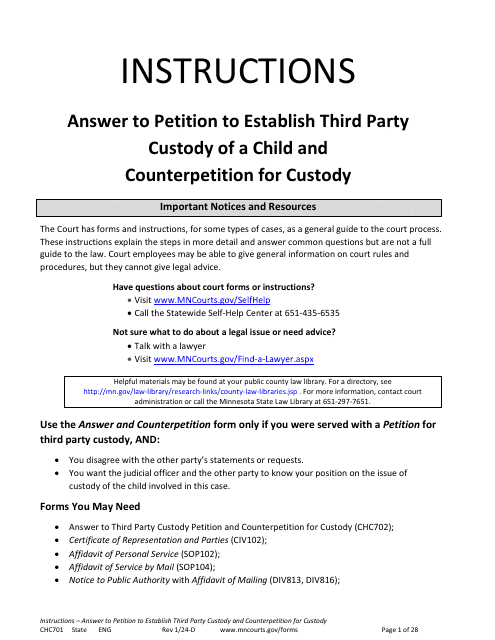 Form CHC701 Instructions - Answer to Petition to Establish Third Party Custody of a Child and Counterpetition for Custody - Minnesota