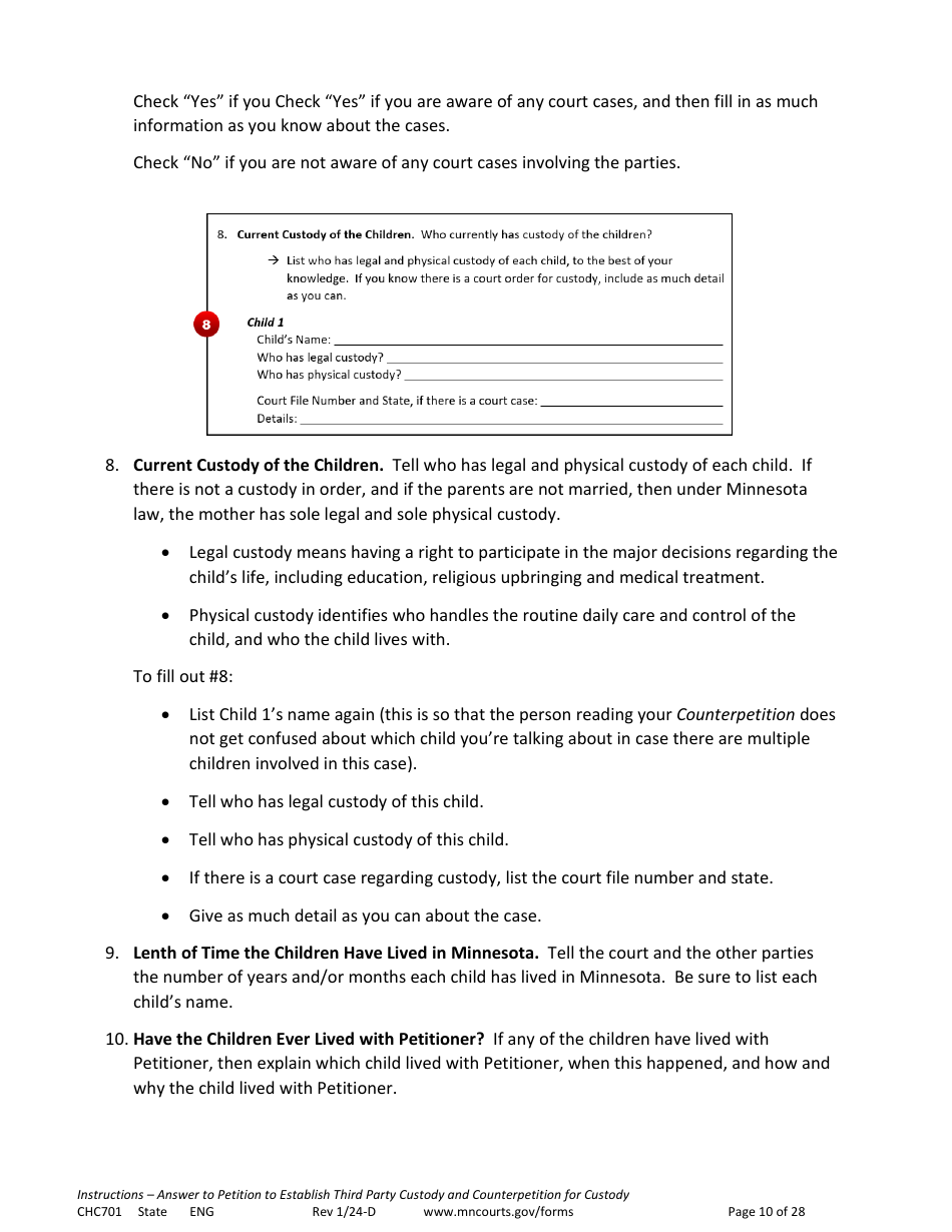 Form CHC701 Instructions - Answer to Petition to Establish Third Party Custody of a Child and Counterpetition for Custody - Minnesota, Page 10