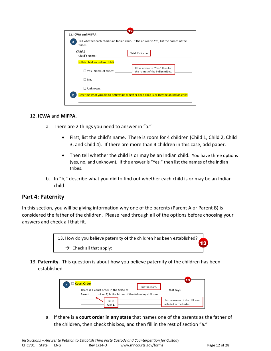 Form CHC701 Instructions - Answer to Petition to Establish Third Party Custody of a Child and Counterpetition for Custody - Minnesota, Page 12