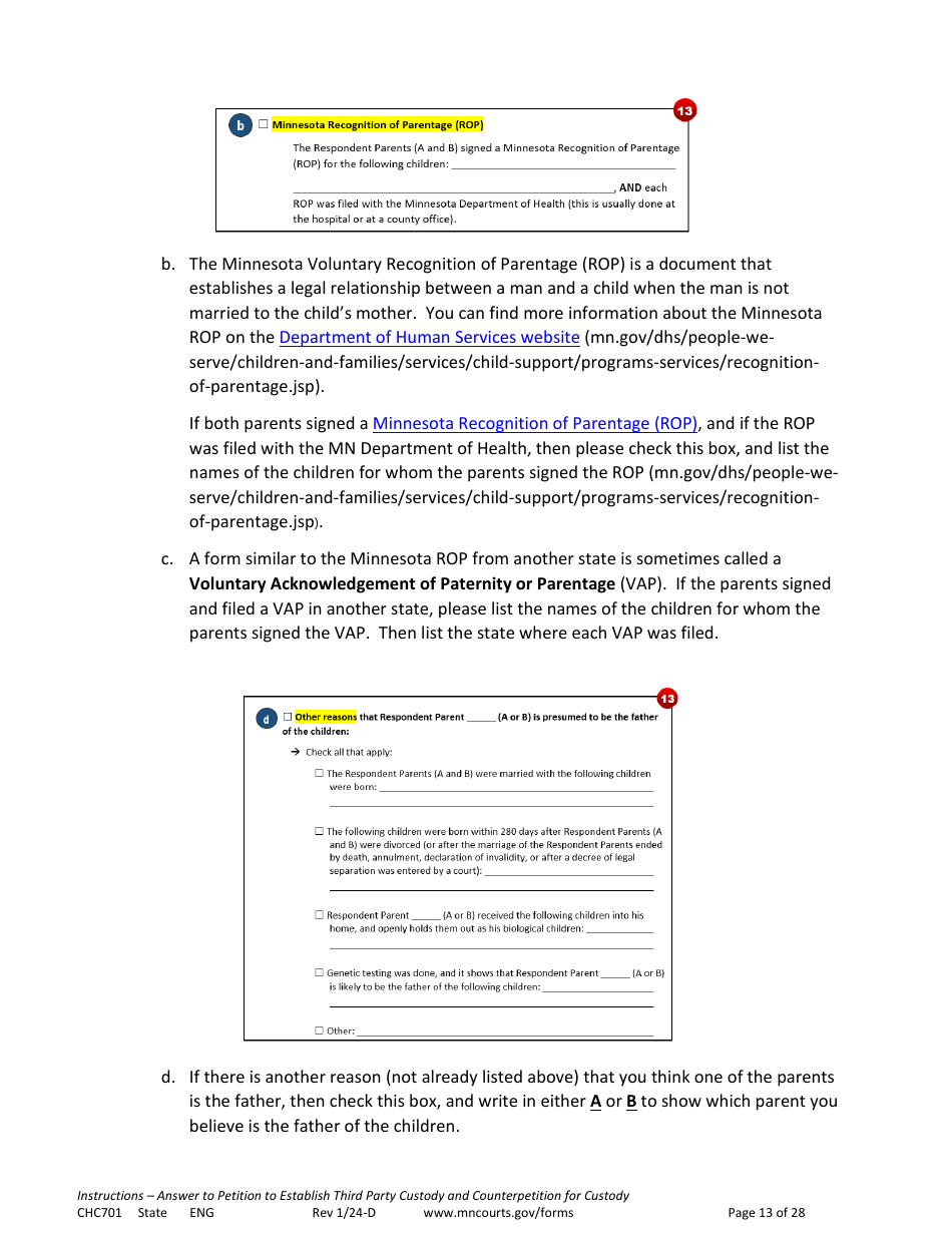 Form CHC701 Instructions - Answer to Petition to Establish Third Party Custody of a Child and Counterpetition for Custody - Minnesota, Page 13