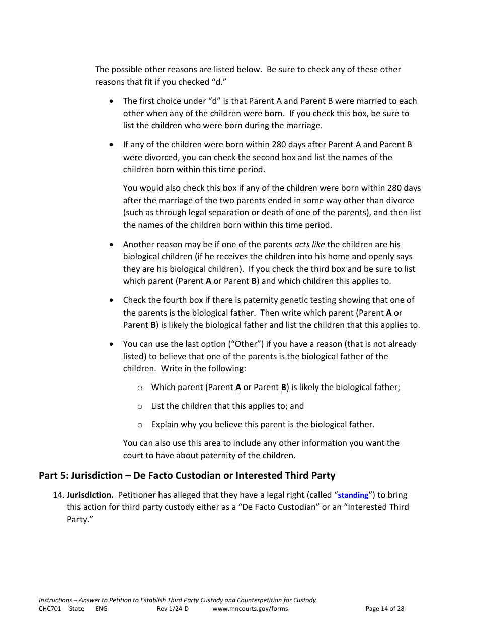 Form CHC701 Instructions - Answer to Petition to Establish Third Party Custody of a Child and Counterpetition for Custody - Minnesota, Page 14