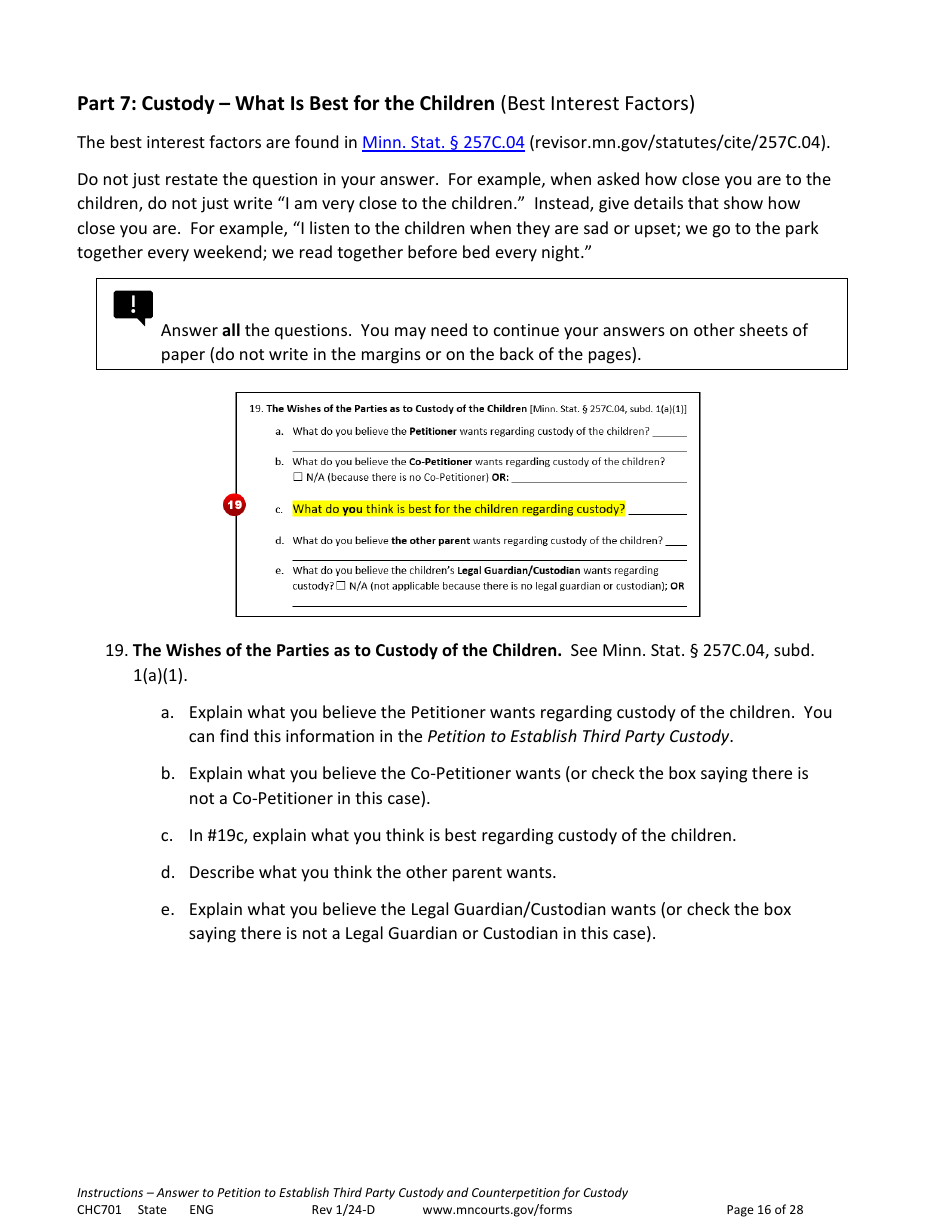 Form CHC701 Instructions - Answer to Petition to Establish Third Party Custody of a Child and Counterpetition for Custody - Minnesota, Page 16