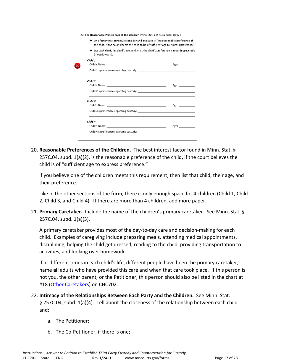 Form CHC701 Instructions - Answer to Petition to Establish Third Party Custody of a Child and Counterpetition for Custody - Minnesota, Page 17