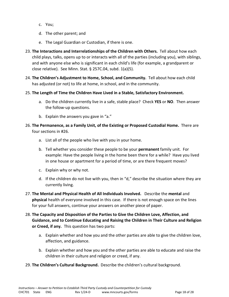 Form CHC701 Instructions - Answer to Petition to Establish Third Party Custody of a Child and Counterpetition for Custody - Minnesota, Page 18