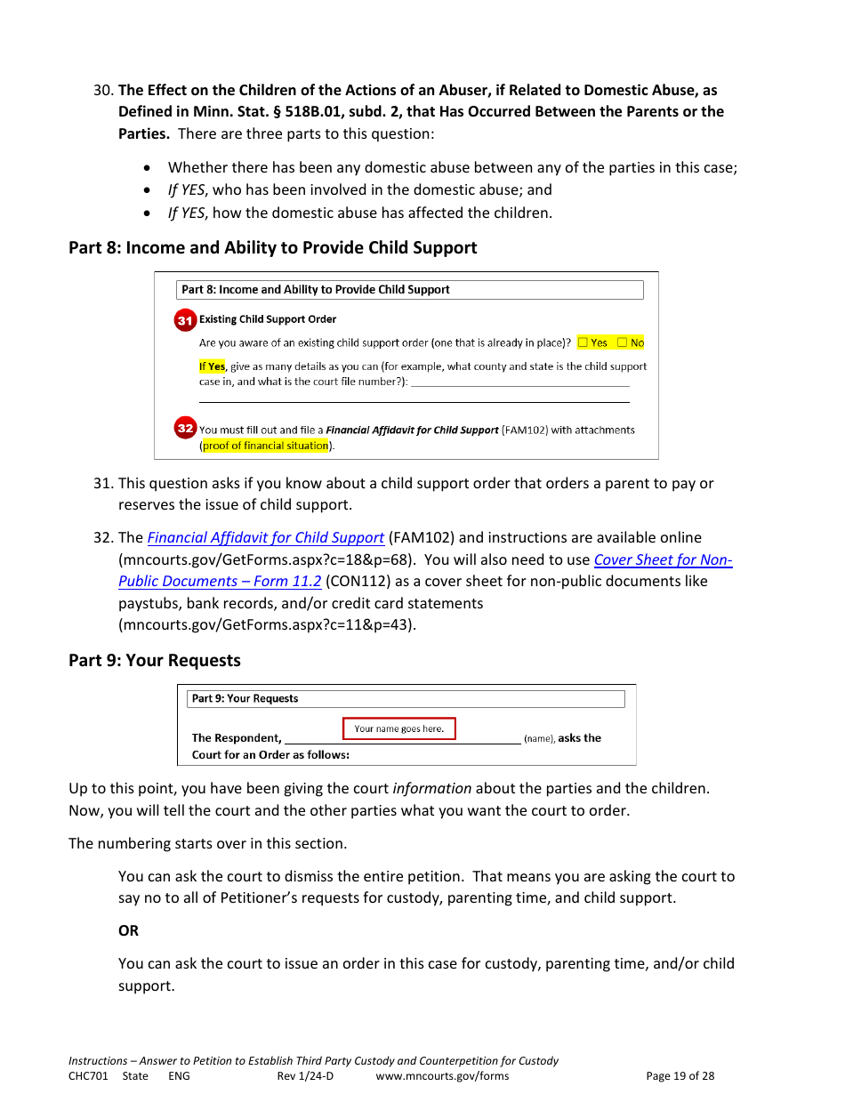 Form CHC701 Instructions - Answer to Petition to Establish Third Party Custody of a Child and Counterpetition for Custody - Minnesota, Page 19