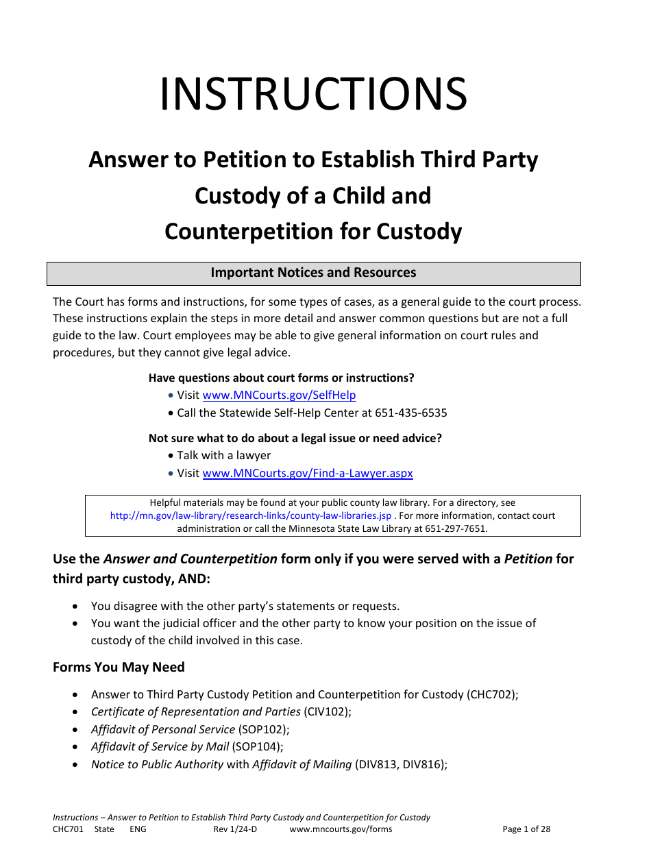 Form CHC701 Instructions - Answer to Petition to Establish Third Party Custody of a Child and Counterpetition for Custody - Minnesota, Page 1