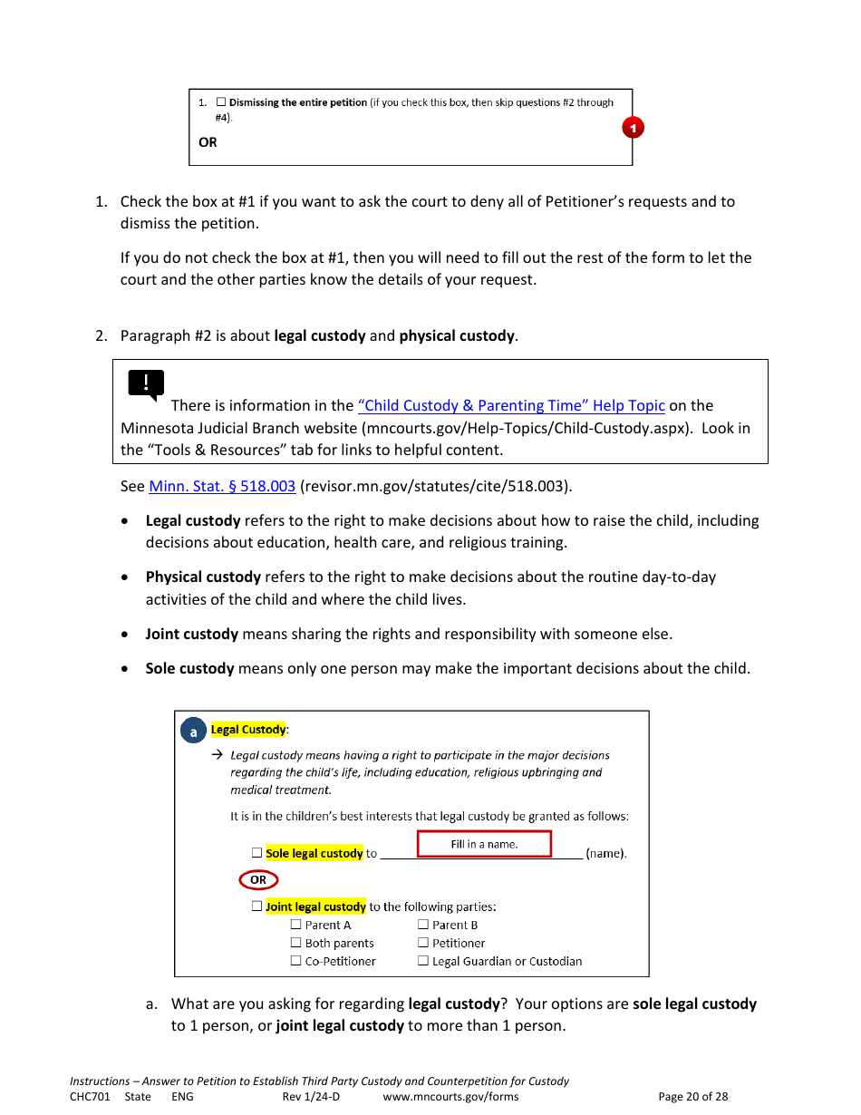 Form CHC701 Instructions - Answer to Petition to Establish Third Party Custody of a Child and Counterpetition for Custody - Minnesota, Page 20