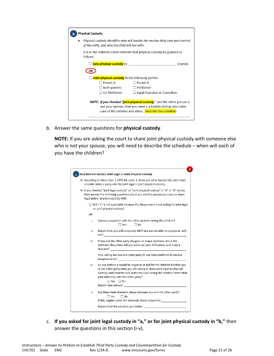 Form CHC701 Instructions - Answer to Petition to Establish Third Party Custody of a Child and Counterpetition for Custody - Minnesota, Page 21