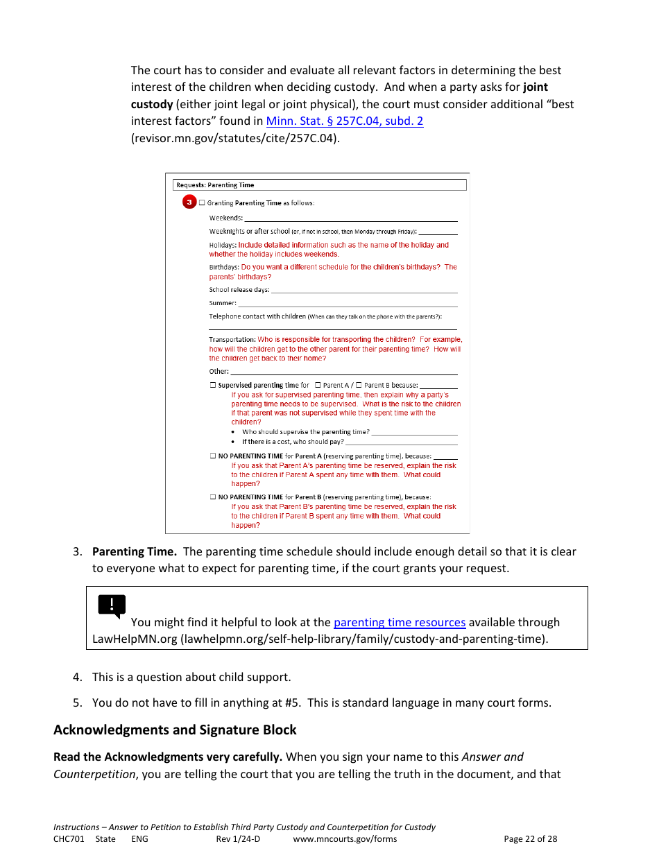 Form CHC701 Instructions - Answer to Petition to Establish Third Party Custody of a Child and Counterpetition for Custody - Minnesota, Page 22