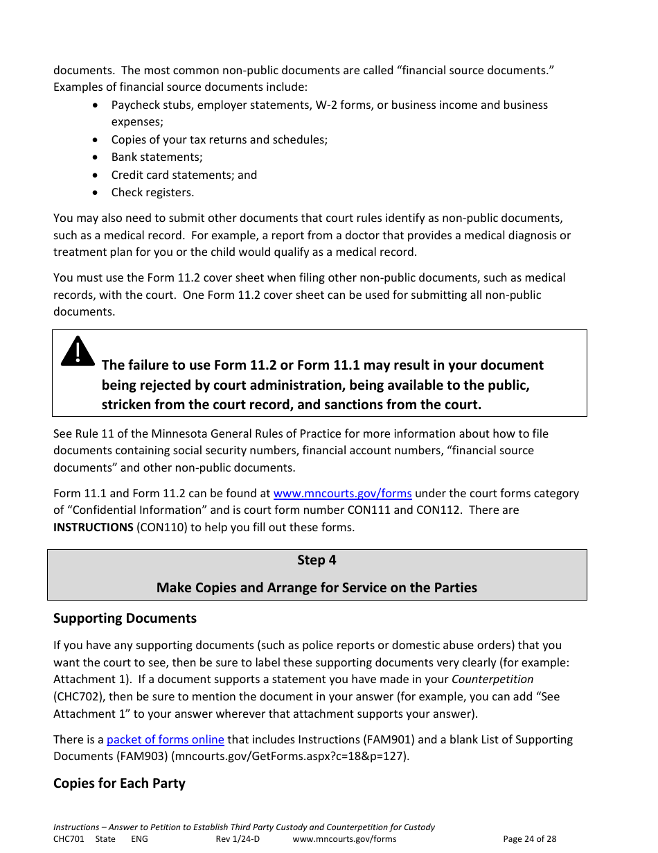 Form CHC701 Instructions - Answer to Petition to Establish Third Party Custody of a Child and Counterpetition for Custody - Minnesota, Page 24