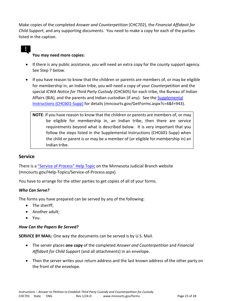 Form CHC701 Instructions - Answer to Petition to Establish Third Party Custody of a Child and Counterpetition for Custody - Minnesota, Page 25