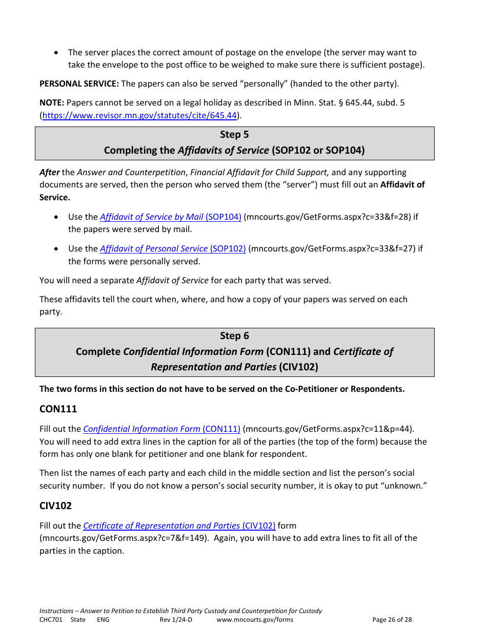 Form CHC701 Instructions - Answer to Petition to Establish Third Party Custody of a Child and Counterpetition for Custody - Minnesota, Page 26