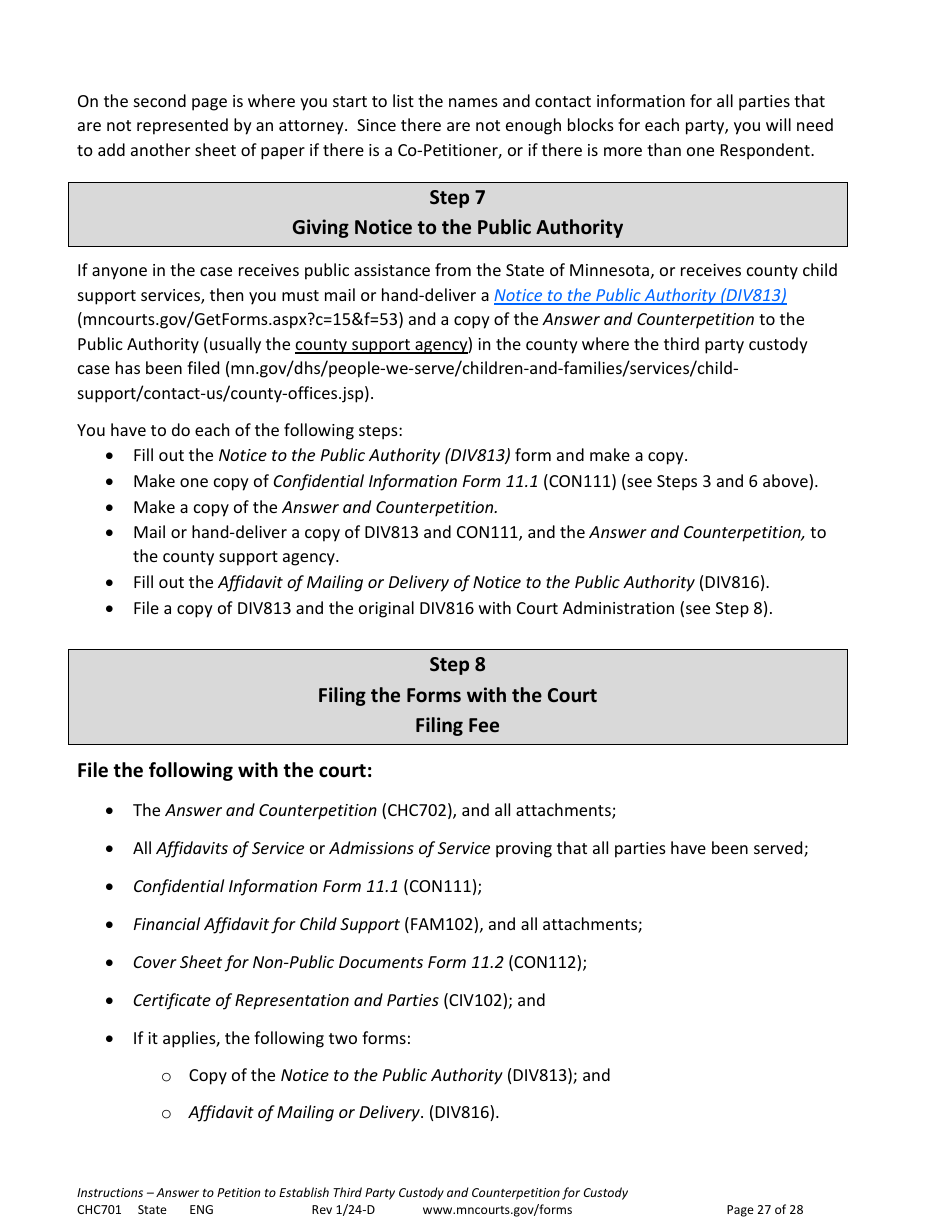 Form CHC701 Instructions - Answer to Petition to Establish Third Party Custody of a Child and Counterpetition for Custody - Minnesota, Page 27