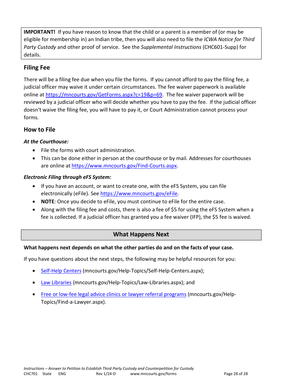 Form CHC701 Instructions - Answer to Petition to Establish Third Party Custody of a Child and Counterpetition for Custody - Minnesota, Page 28
