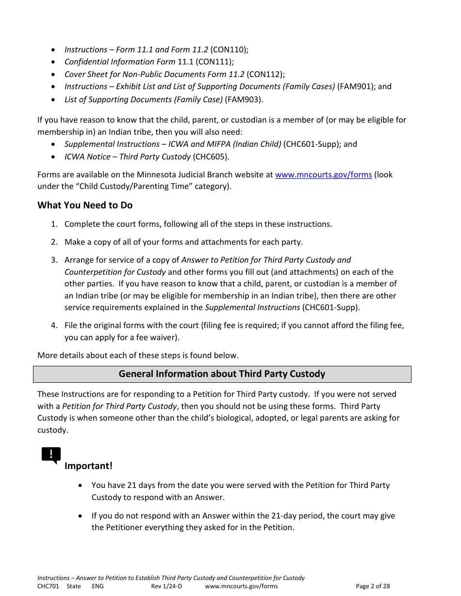 Form CHC701 Instructions - Answer to Petition to Establish Third Party Custody of a Child and Counterpetition for Custody - Minnesota, Page 2