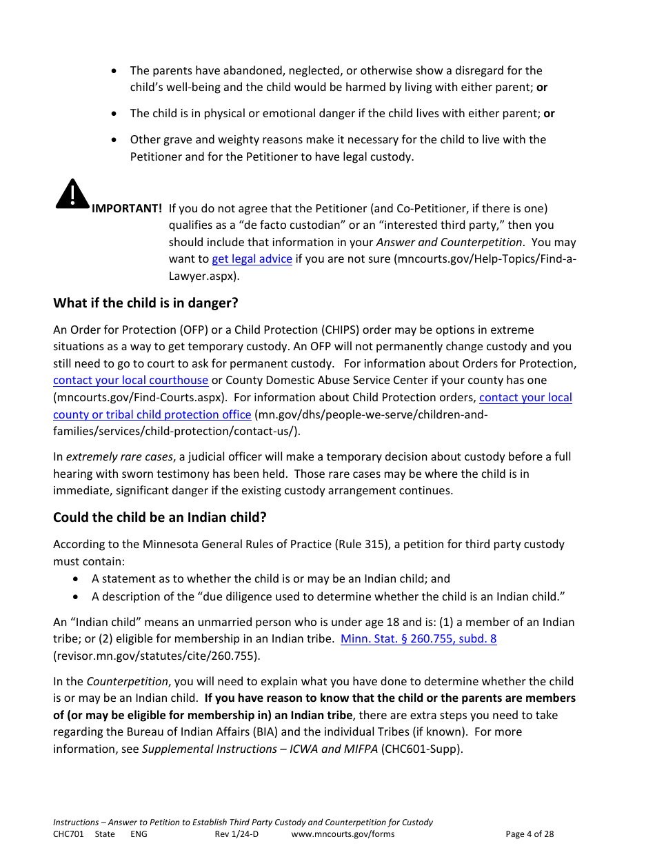 Form CHC701 Instructions - Answer to Petition to Establish Third Party Custody of a Child and Counterpetition for Custody - Minnesota, Page 4