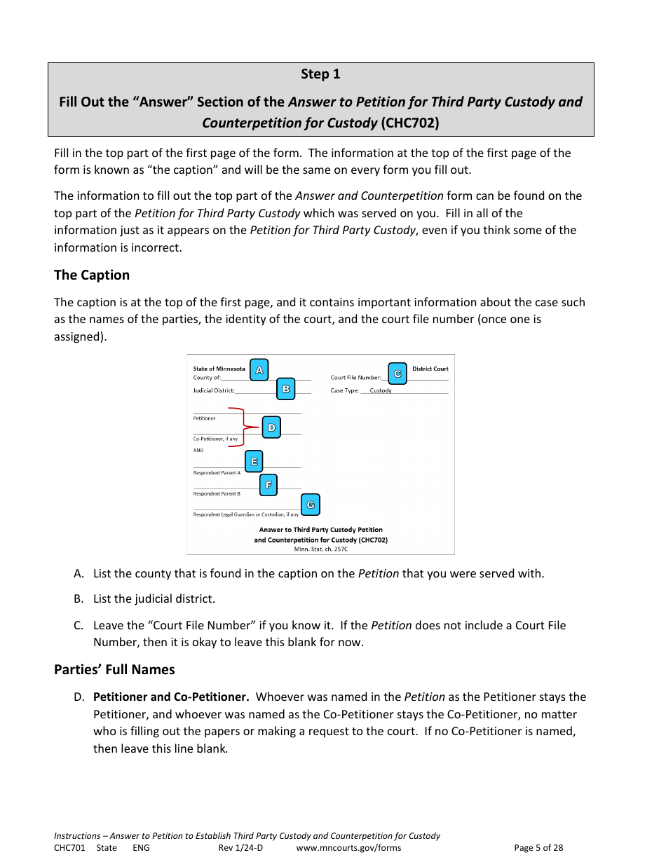 Form CHC701 Instructions - Answer to Petition to Establish Third Party Custody of a Child and Counterpetition for Custody - Minnesota, Page 5