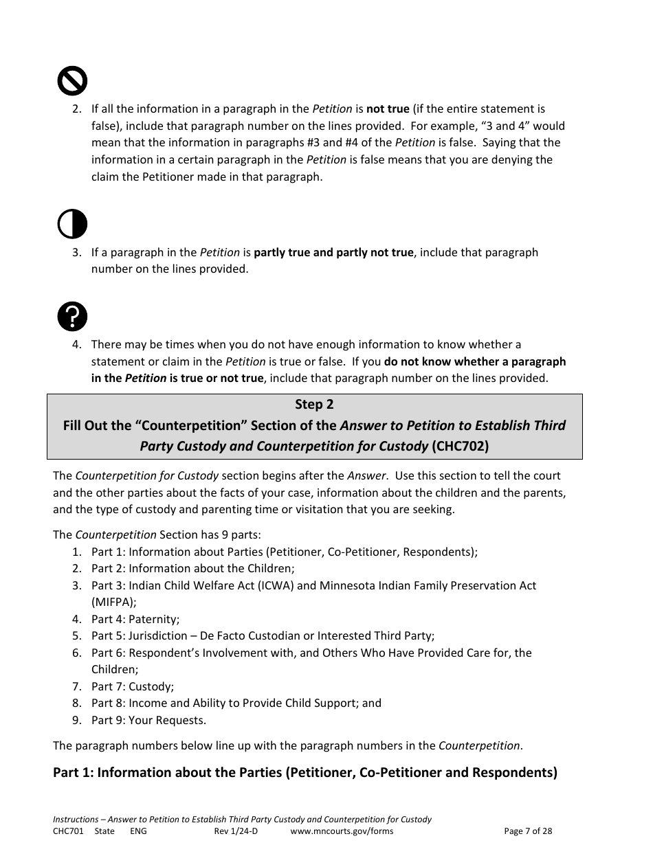 Form CHC701 Instructions - Answer to Petition to Establish Third Party Custody of a Child and Counterpetition for Custody - Minnesota, Page 7