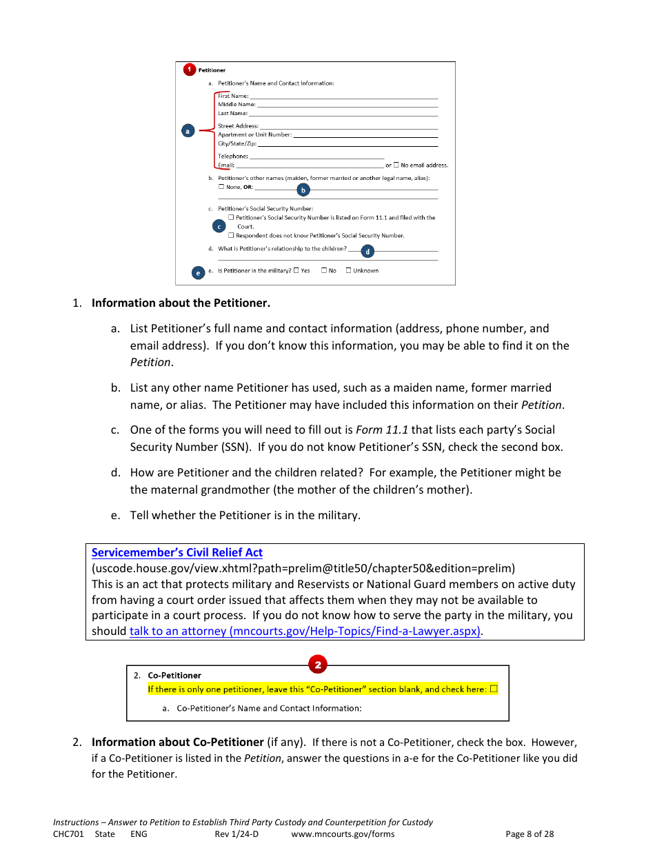 Form CHC701 Instructions - Answer to Petition to Establish Third Party Custody of a Child and Counterpetition for Custody - Minnesota, Page 8