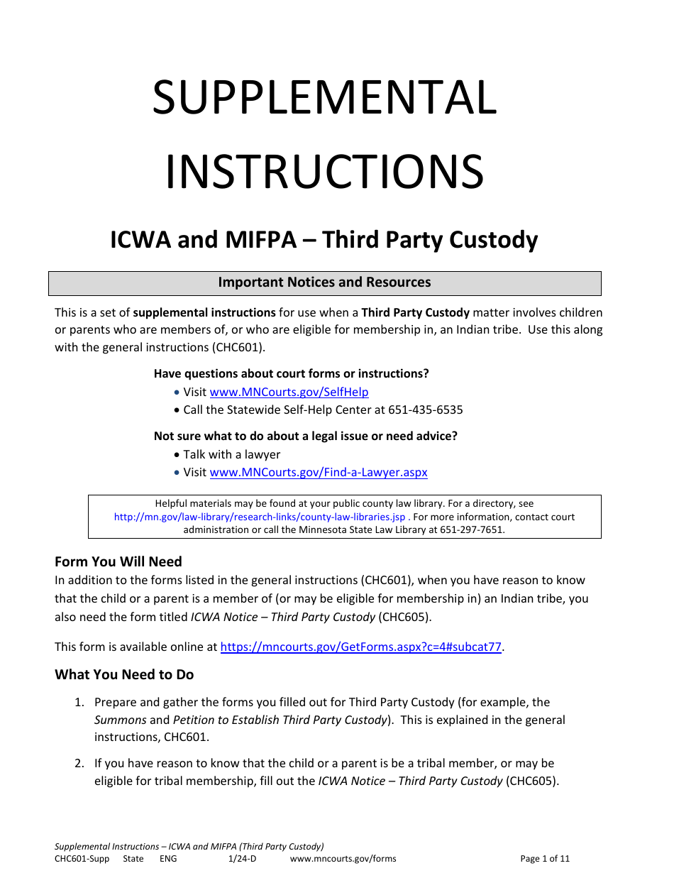 Form CHC601-SUPP Instructions - Icwa and Mifpa - Third Party Custody - Minnesota, Page 1