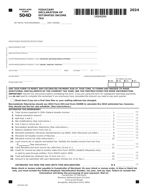 Maryland Form 504D (COM/RAD-068) Fiduciary Declaration of Estimated Income Tax - Maryland, 2024