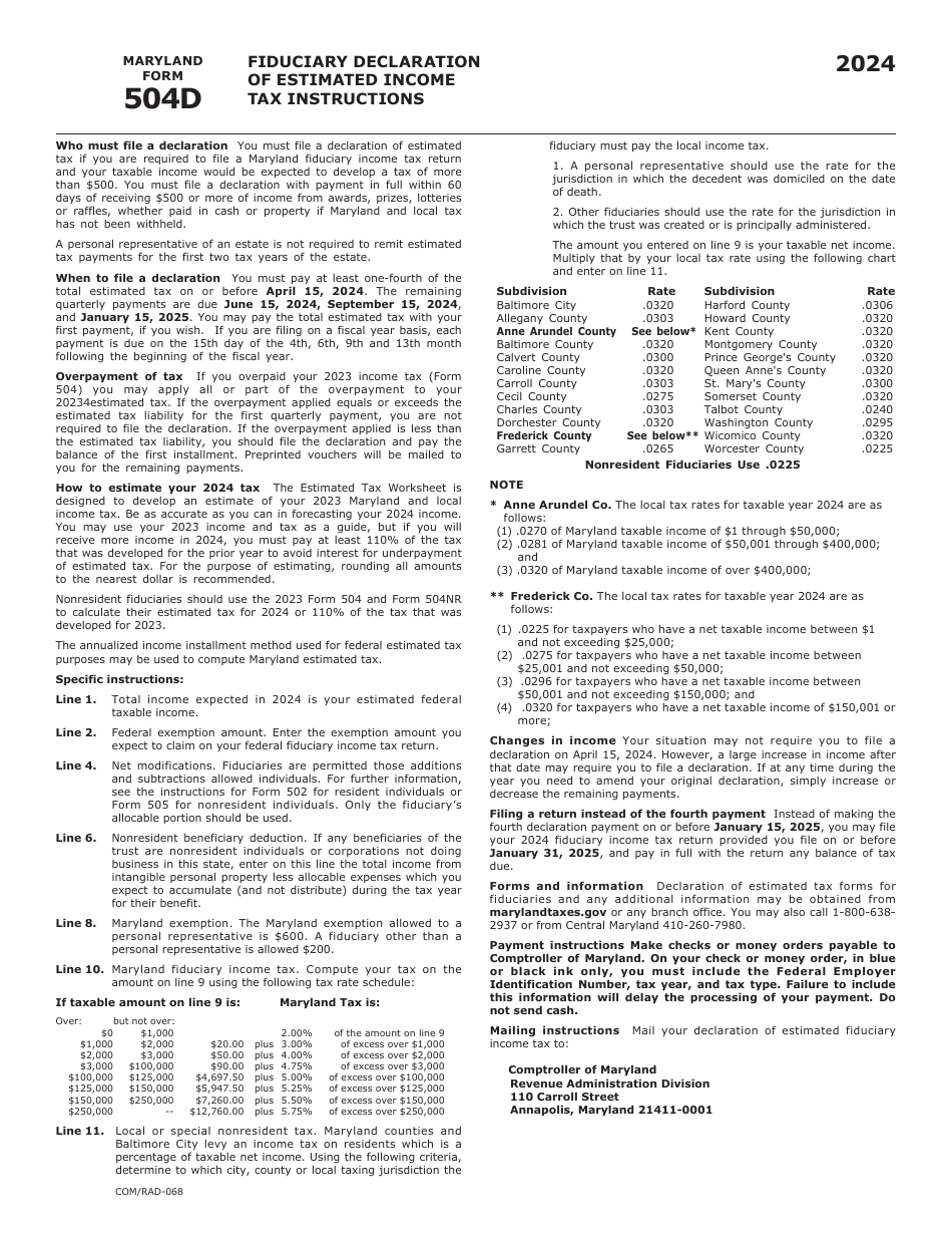 Maryland Form 504D (COM / RAD-068) Fiduciary Declaration of Estimated Income Tax - Maryland, Page 2