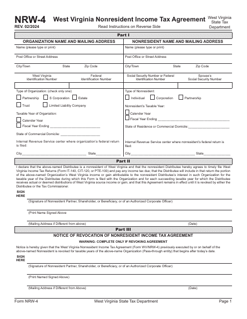 Form NRW-4 West Virginia Nonresident Income Tax Agreement - West Virginia