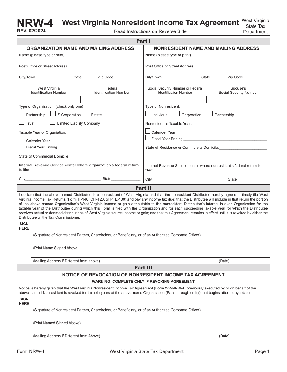Form NRW-4 West Virginia Nonresident Income Tax Agreement - West Virginia, Page 1