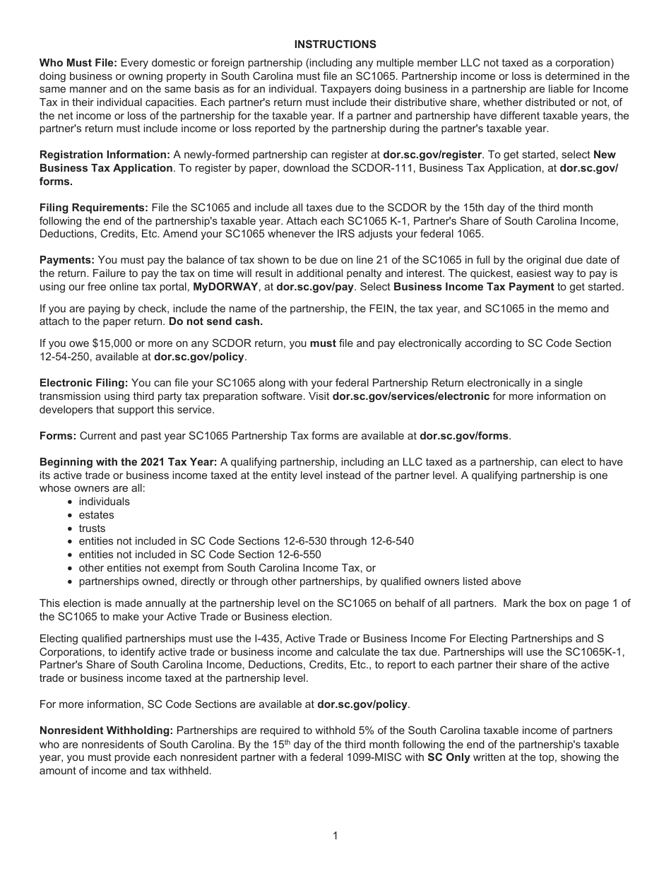 Form SC1065 Partnership Return - South Carolina, Page 3