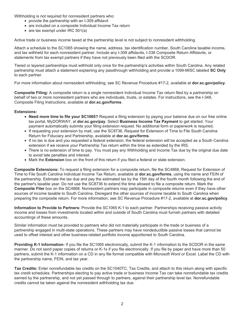 Form SC1065 Partnership Return - South Carolina, Page 4
