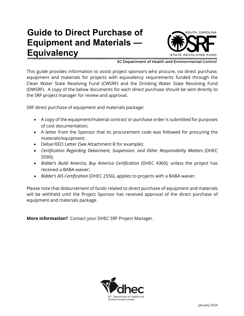 Guide to Direct Purchase of Equipment and Materials - Equivalency - South Carolina, Page 1