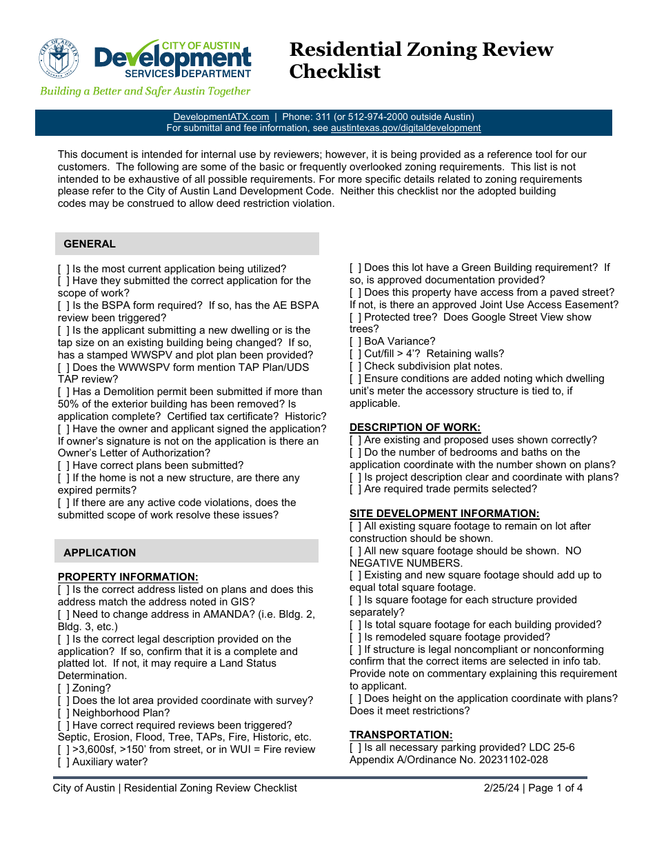 Residential Zoning Review Checklist - City of Austin, Texas, Page 1