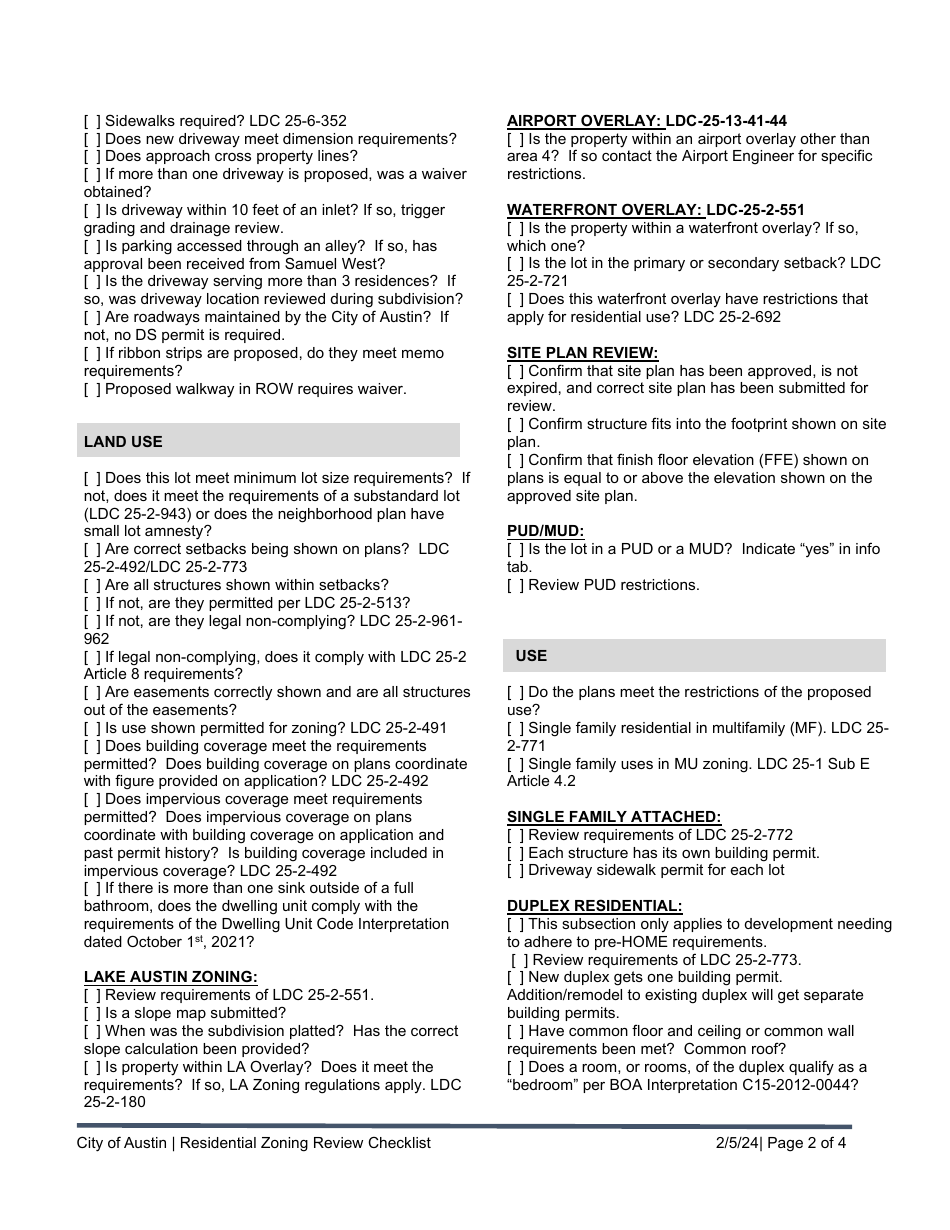 City Of Austin Texas Residential Zoning Review Checklist Download Printable Pdf 2021 — 2024 8929