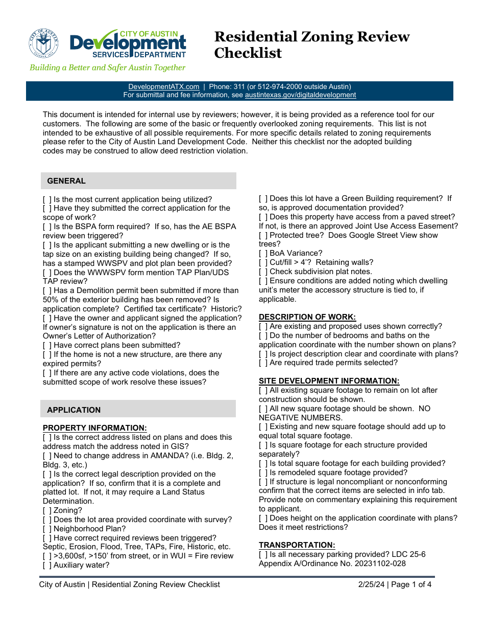 City of Austin, Texas Residential Zoning Review Checklist Download ...