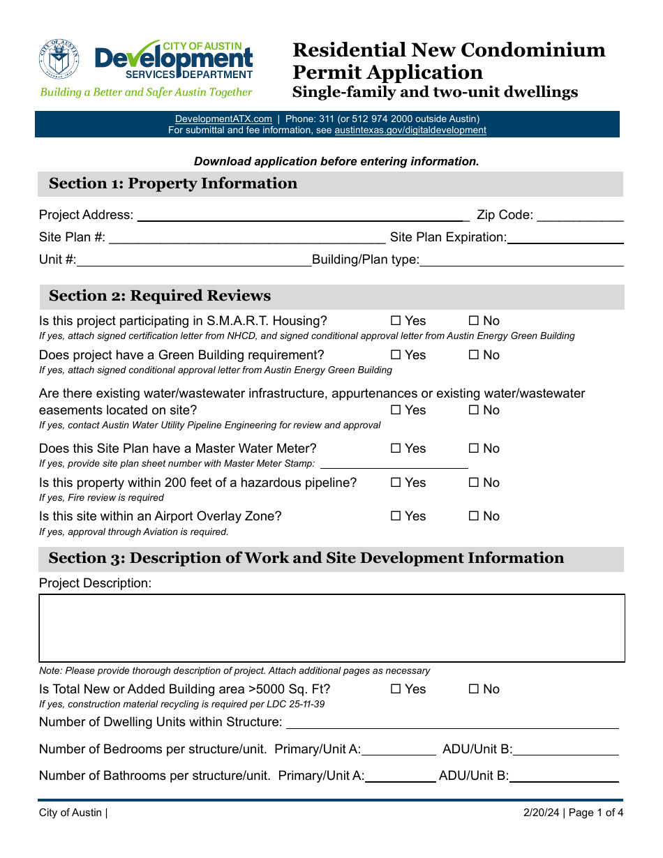 Residential New Condominium Permit Application - Single-Family and Two-Unit Dwellings - City of Austin, Texas, Page 1