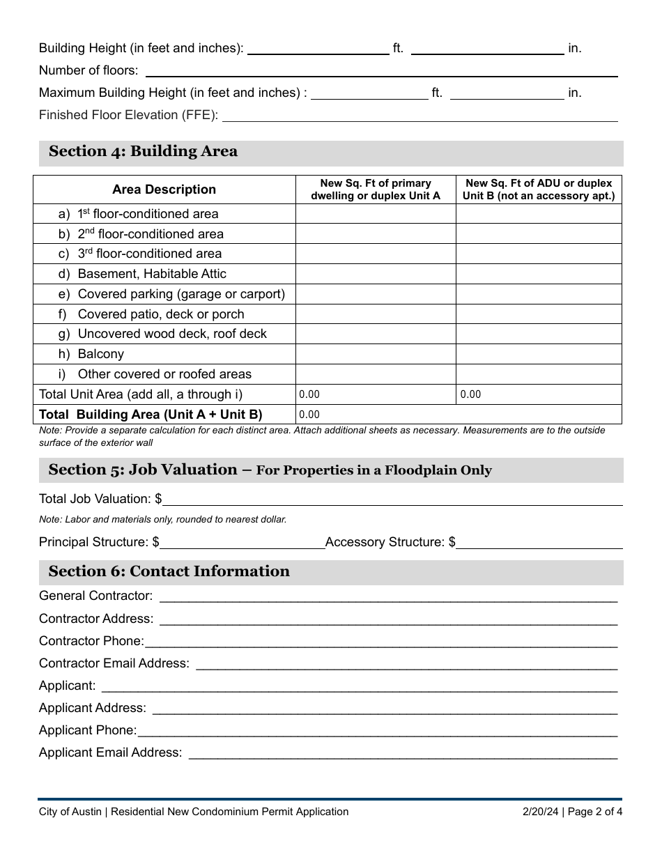 Residential New Condominium Permit Application - Single-Family and Two-Unit Dwellings - City of Austin, Texas, Page 2