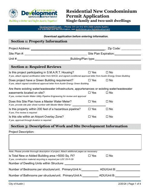 Residential New Condominium Permit Application - Single-Family and Two-Unit Dwellings - City of Austin, Texas Download Pdf