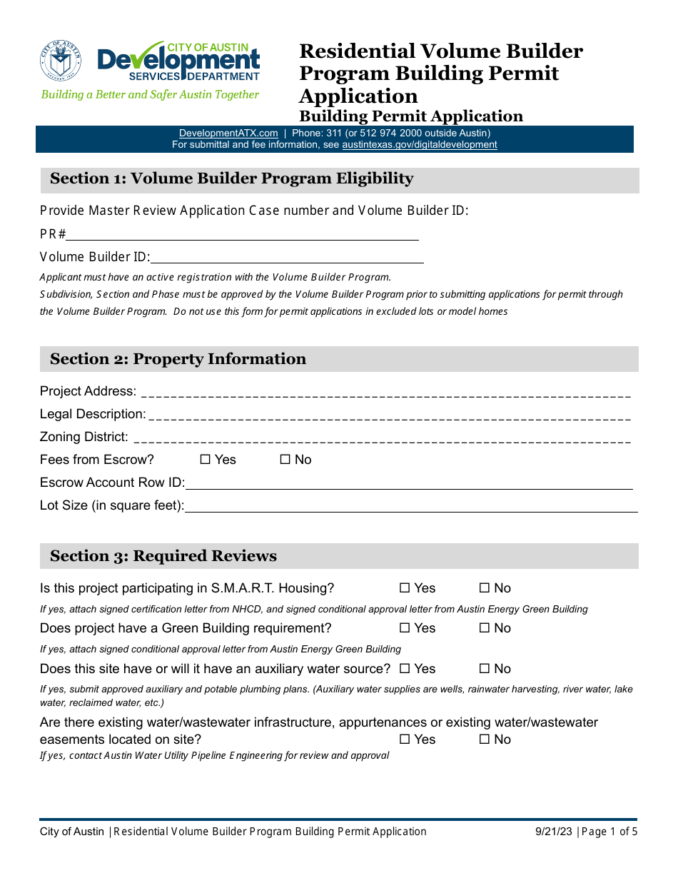 City of Austin, Texas Building Permit Application - Residential Volume ...